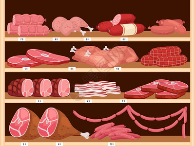 腊肠真空袋包装肉架上的新鲜香肠猪肉火腿和店里各种架上的新鲜香肠猪肉火腿和店里各种牛插画