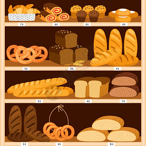 面包和新鲜架和新鲜糕点木制品展示室内面包品和棕色切片甜圈和芝士蛋糕矢量说明蔬菜面包架甜圈和芝士蛋糕背景图片