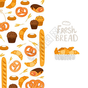 纸杯模板面包横幅模板矢量糕点新鲜面包松饼插图新鲜面包和蛋糕羊角面包早餐和蛋糕插画