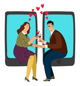 爱的电话在线约会现代爱情关系向量男女饮酒互联网连接人在线约会概念插画