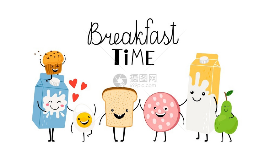 Brealfasttime字符面包牛奶和食物矢量美味吐司早上插图的漫画滑稽成分time字符面包牛奶和食物图片
