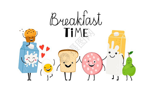 Brealfasttime字符面包牛奶和食物矢量美味吐司早上插图的漫画滑稽成分time字符面包牛奶和食物背景图片