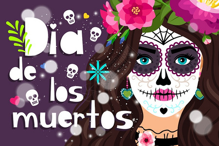 DiadelosMuertos西班牙死者日传统的墨西哥人节彩色海报配有女孩头骨矢量插图背景图片