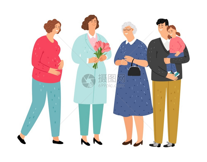 家庭医生幸福的家庭和微笑医生平淡老年妇女怀孕的男女孩病媒人物保健概念家庭医生保健概念图片