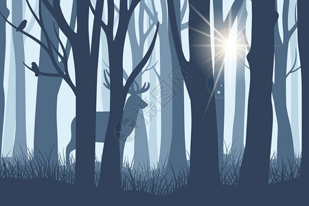 雌鹿森林景观中的麋鹿插画