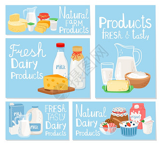 冰酪奶制品乳酪和牛成套卡片病媒饮料健康酸奶说明乳制品酪和牛插画
