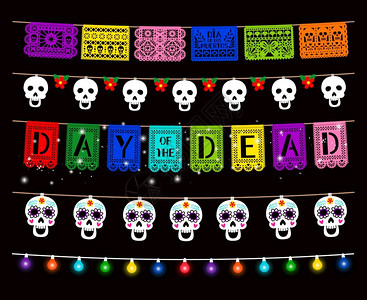 日奈森亚日政党装饰品传统园地孤立包亮色灯糖头挂在弦设计元素上墨西哥传统假日剪辑插画