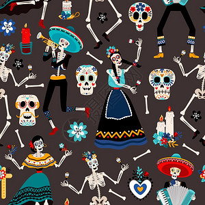 咆哮多彩头骨Diadelosmuertos墨西哥日有头骨骼和鲜花的日矢量说明插画
