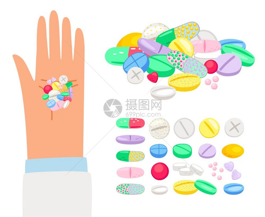 人手的有色药丸和片配有成堆的病媒手保健药物说明人手的有色药片和人手的有色药片和图片