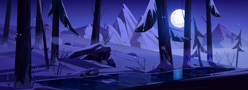 灵峰夜景冬季夜间森林和月亮插画