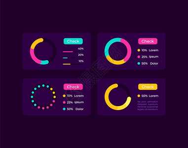 Piech图表UI元素工具包带有百分比的InfochartInfographic孤立矢量图标bar和仪表板模带有深色主题界面的移图片