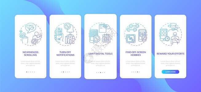 与智能手机在应用程序页面屏幕上的成瘾作斗争离线爱好变形走过5步图指示带有RGB颜色插图的UI矢量模板与手机在应用程序页面屏幕上的图片