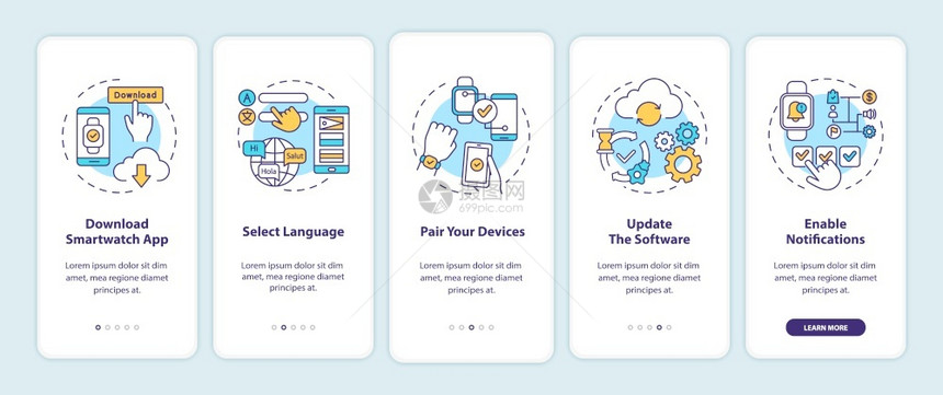 带有概念的移动应用程序页面屏幕上智能监视设置提示下载选择语言更新行走5步图形指示配有RGB颜色插图的UI矢量模板配有概念的移动应图片