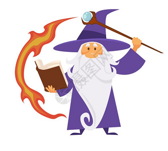 火男高清素材老长袍着魔杖和火焰踪迹的老魔法咒语书术师孤立的格矢量中世纪梅林男帽子和护身符神秘有胡子的老人魔术师有杖和火焰踪迹的魔法咒语书插画