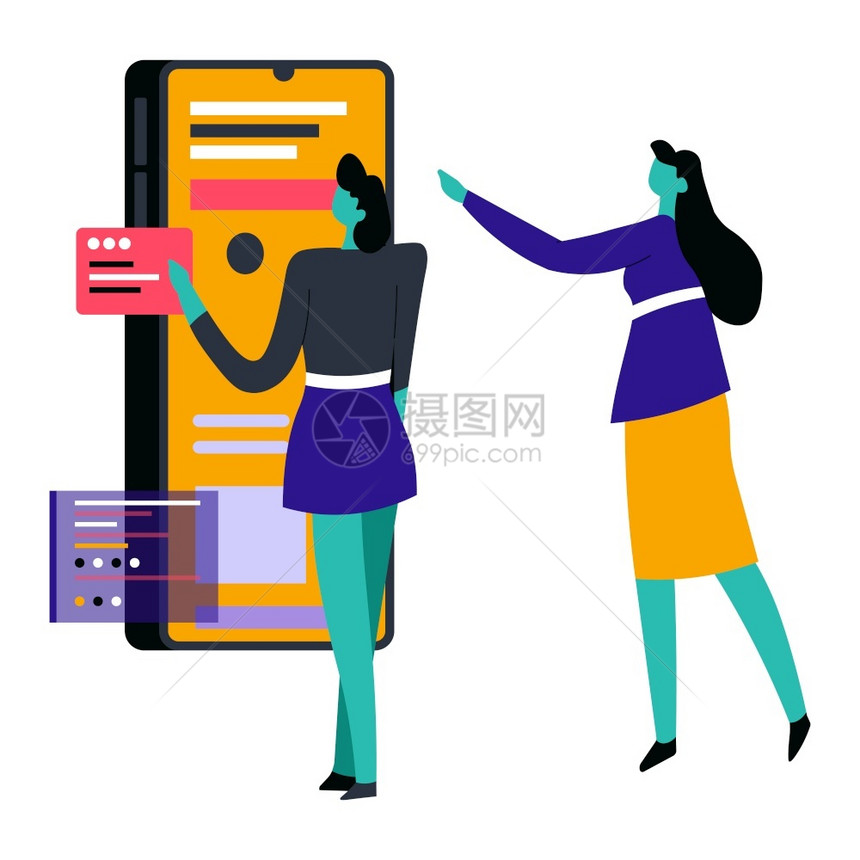 使用智能手机或工具箱购物聊天矢量的妇女利用带有对话框窗口和按钮的设备屏幕孤立人物办公室寓型工人的机械使用智能手机或工具箱购物的妇图片