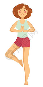 跳单杆运动和健康生活方式妇女锻炼或做瑜伽姿势孤立的女格矢量早锻穿运动服的女孩单腿站立平衡与zen体育活动孤立的女格插画
