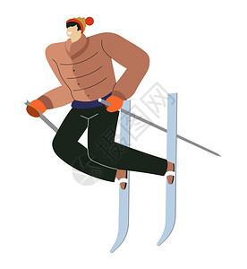 滑雪帽山地滑雪运动玩穿大衣和编织帽的运动员冬季度假胜地体育设备娱乐山地滑雪运动玩棍子的人滑雪者插画