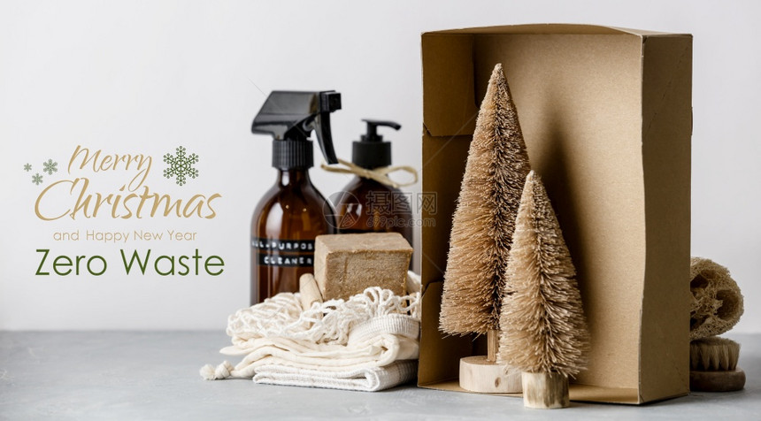盒子中的椰纤维圣诞树零废物的美容护身和清洁房屋用品零废物的无塑料圣诞图片