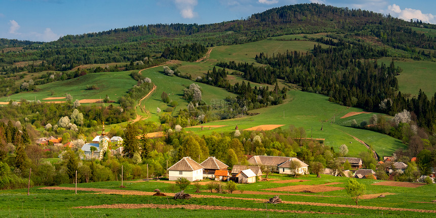 日落时景有色村庄的农观喀尔巴阡山有绿田和丘喀尔巴阡有村庄图片
