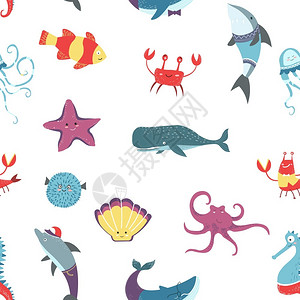 鲸鱼与海马海洋热带野生物矢量元素背景插画
