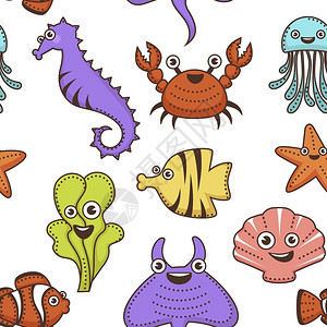 水母特写海马螃蟹水母海藻矢量图插画