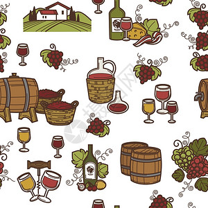 葡萄发酵葡萄园和制作饮料瓶的葡萄和以及玻璃和软木开瓶以打它葡萄酒和桶装含精饮料无缝的病媒含酒精饮料无缝的病媒插画