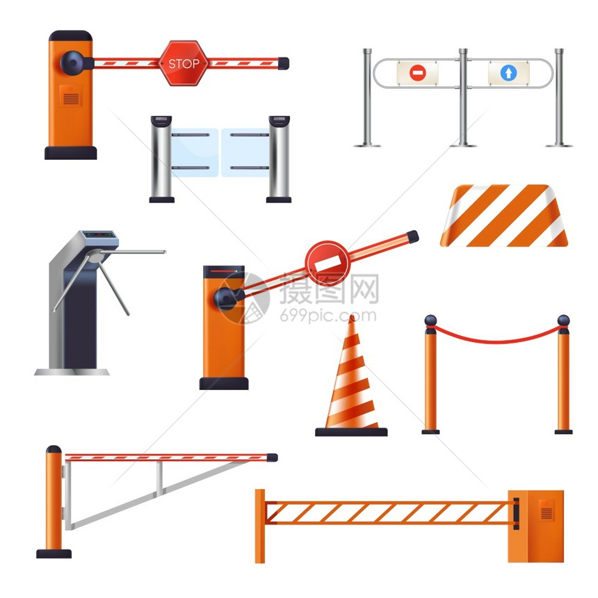 停止起重机和障碍物入口或自动转盘道路锥形孤立物体矢量大门和栅栏封闭的停车和边界高速公路或障上的带条栅栏碍物和停止起重机入口或转盘图片