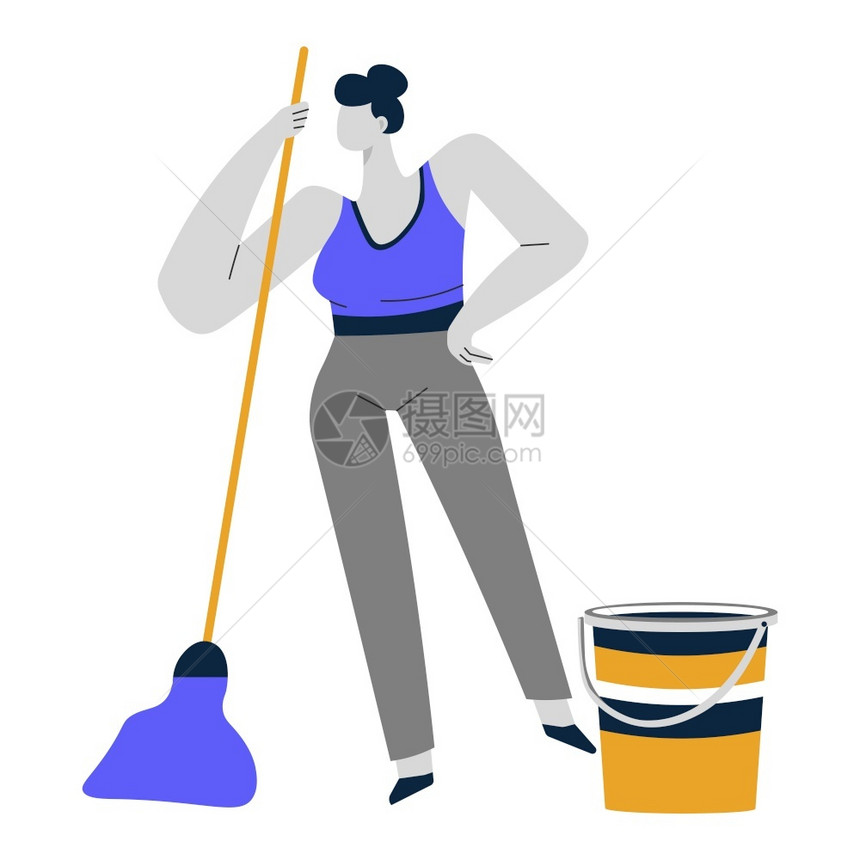 家庭主妇或清洁服务女擦地板或扫拖把和水桶矢量家务或洗地板女佣设备清洁服务或家庭主妇女擦地板或扫图片