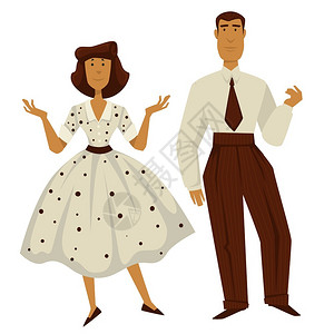 衬衫和领带1950年代夫妇穿长裤和领带的男子穿波卡多式服装的女穿波卡多式服装的女50年代旧时装风格的女男角色老式服装和发型设计和老式195插画