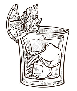 朗姆酒单色线稿玻璃杯里的酒矢量元素插画