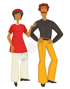 裤子男1970年代的夫妇有胡子男和穿长裤嬉皮的女70年代的老式时装载体男女角色老式服装衬衫和礼装设计旧式穿裤子的男女插画