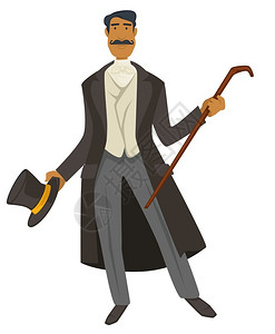 绅士拐杖190年代时装风格穿旧西大衣和有甘蔗的圆筒服装设计矢量和的男子穿旧服装长胡子和的男穿老式服装领和背心的绅士穿圆筒和拐杖的绅士19插画