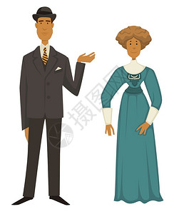绅士吴秀波190年代的夫妇穿西装和帽子的男穿着西装和帽子的女穿着雅波和羽毛的衣物时装风格的载体女和男人物老式服装设计旧式190年代的逆向服插画