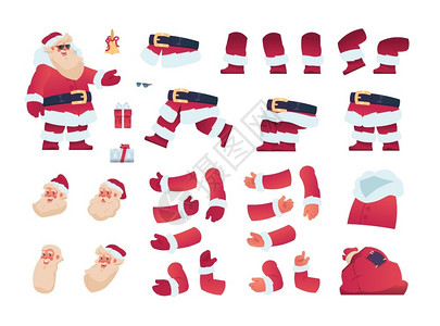 圣诞节静物装置圣诞老人资料袋圣诞动画制作器手臂和腿头部躯体和四肢的组合圣诞节祖父用包和礼物矢量庆祝器圣诞人资料袋动臂和腿矢量要素孤立装置插画
