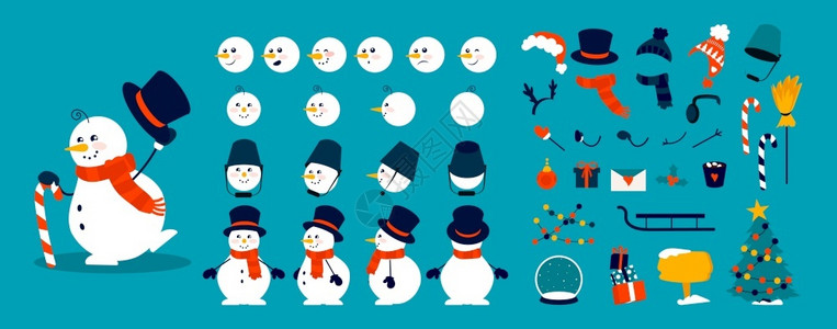 免抠图帽子雪人动画资料袋圣诞节格构造元素头部身体和手臂的组合不同姿势冬帽围巾或装有雪图的物体矢量庆祝成套圣诞建筑元素不同姿势冬帽围巾和装有插画