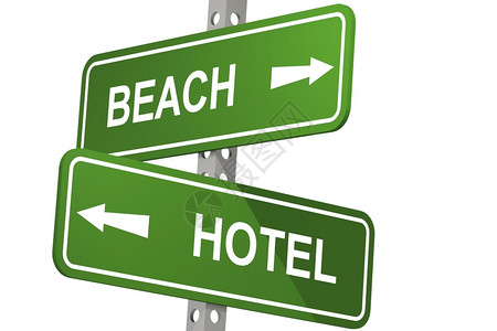 旅馆和海滩路牌3D图片