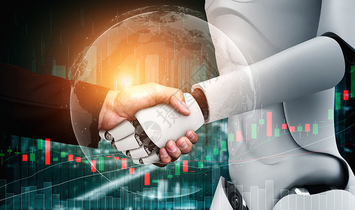 让领养代替买卖3D让人类机器与股票市场交易图表握手显示AI思考大脑人工智能和机器学习过程的买卖决定背景