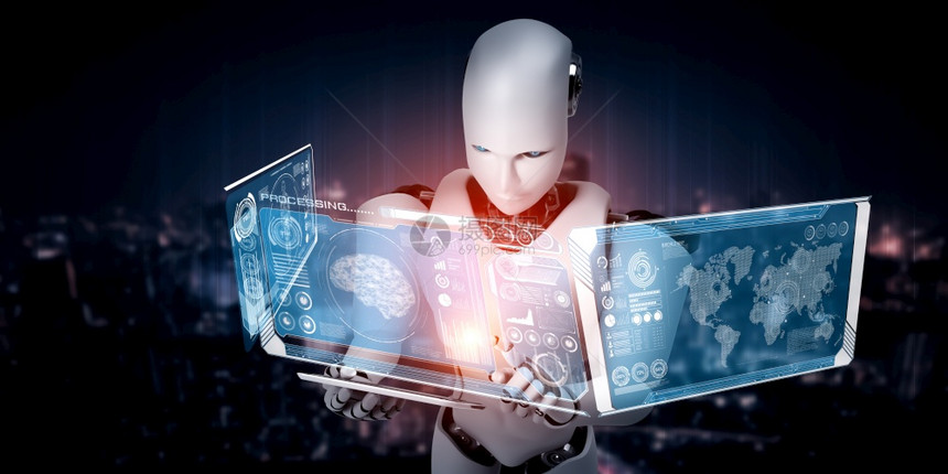 在第四轮工业革命的人智能和机器学习过程中使用平板电脑进行人工智能思考大脑人工智能和机器学习图片