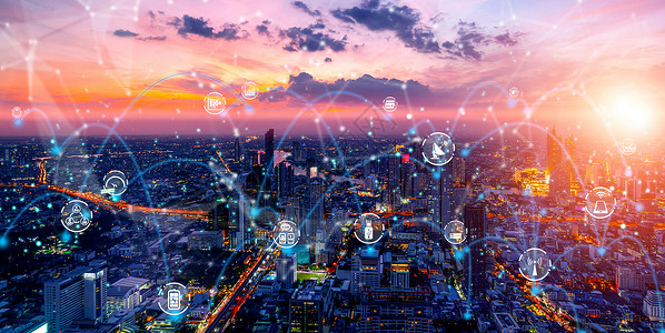 物联网城市互联智能城市的先进通信和全球互联网络连接未来5G无线数字连接和社会媒体网络的概念背景