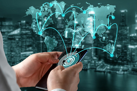 世界地图网格智能城市的先进通信和全球互联网络连接未来5G无线数字连接和社会媒体网络的概念背景