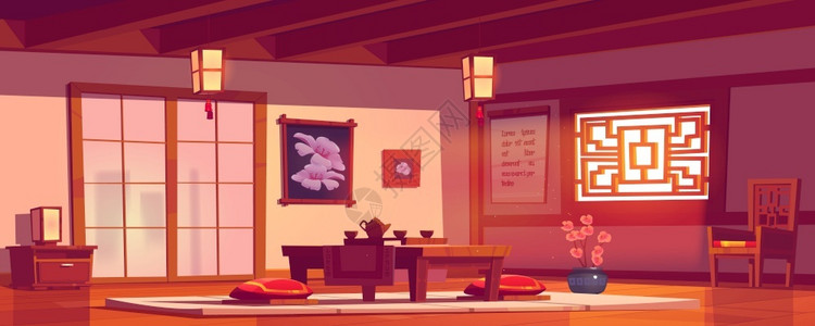 低密舒适亚洲餐馆中文或日式咖啡厅内空室传统风格茶餐桌供sakura鲜花地板上枕头的低桌咖啡厅卡通矢量插图插画