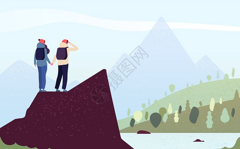 悬崖人在山上快乐的女子男人登山者站在岩石上的女登山者看着地景观探索户外矢量概念远足和的情侣户外旅游夫妇在山上女登者站在岩石上的女登山者插画