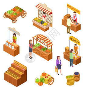 摊位设计素材食品市场上销售和购买矢量插画插画