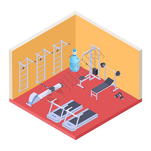 健身房空间体操和健身设备矢量图插画