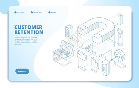 客户保留着陆页客户忠诚和品牌营销客户关系磁商业矢量3d概念服务客户保留声誉优化说明插画