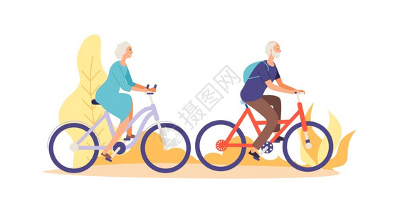 骑自行车的人秋季骑自行车的概念乘坐自行车的平板老人物病媒说明老年人和骑自行车的男子积极活动秋季骑自行车概念乘坐自行车的老年人物自行车的平板老插画