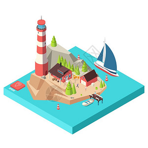 石垣岛海有塔楼和房屋的岛屿插画插画