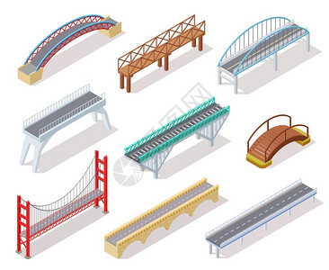 吊桥Isoitric桥梁水泥架河流口城市公路面图隔离了3个三维要素公路交叉面是几米桥城路面图隔离了3d要素插画