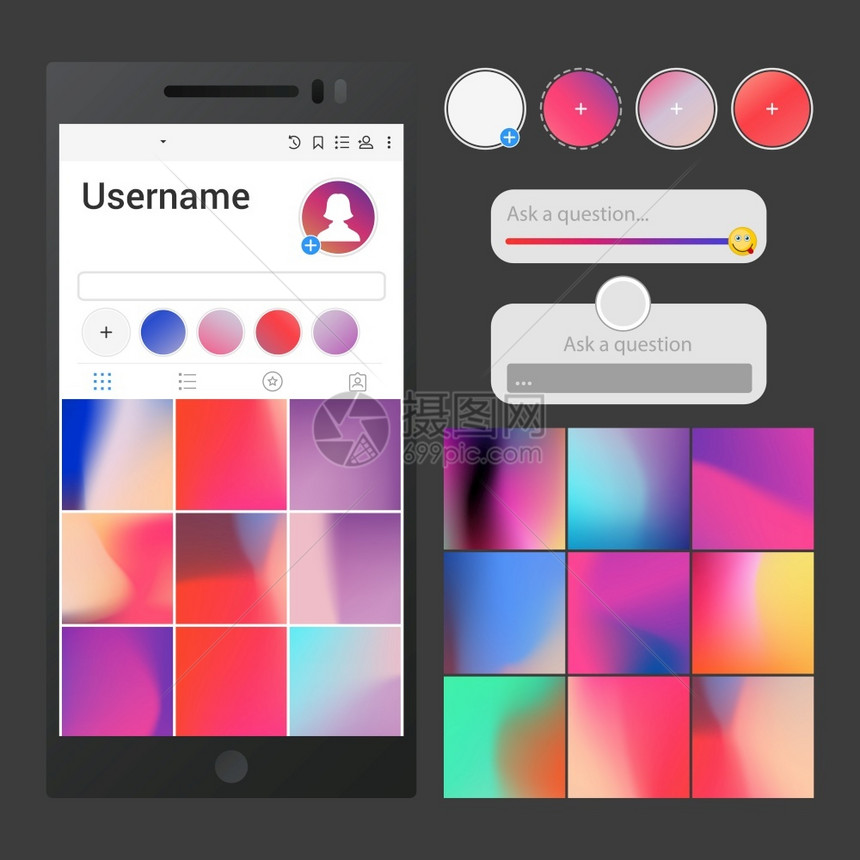 矢量社交媒体界面用于应程序的邮政背景幻灯片问答区和故事按钮模板由Instagram启发由Instagram启发的社会网络微笑和智图片