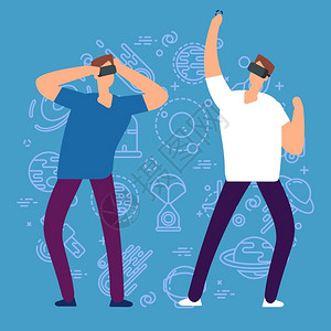 具有虚拟现实色彩人的卡通物带有虚拟现实的眼镜矢量图真实的眼镜游戏和头盔未来精神虚拟现实的卡通人物男子虚拟现实的眼镜矢量图背景图片